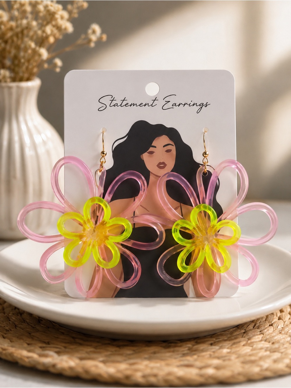 Source Unknown Pink and Neon Yellow Flower Drop Earrings